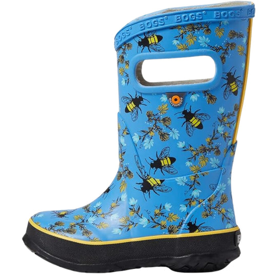 Blue mid-calf rain boot with bee and floral print, black sole, and pull-on opening