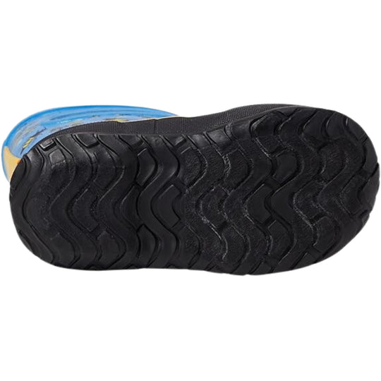 Black boot sole with wave-like tread pattern, shown from below
