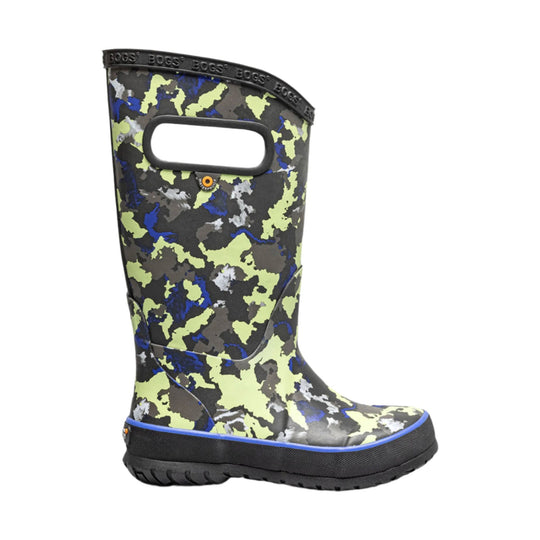 Tall camouflage rain boot with black rubber sole and blue trim