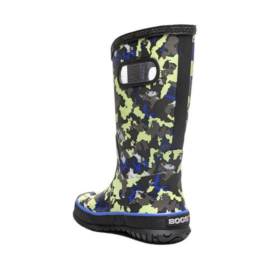 Tall camouflage rain boot with blue trim and a side handle opening