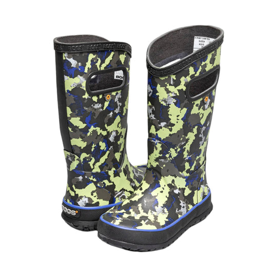 Pair of camouflage knee-high rain boots with black soles and blue trim