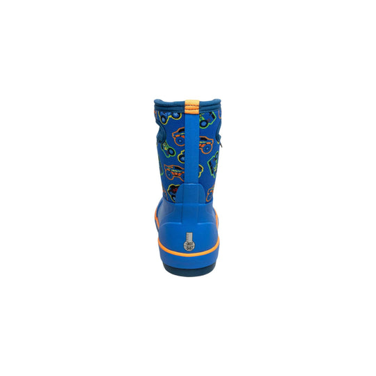 Blue winter boot with monster truck print, orange trim, and a rear temperature rating label
