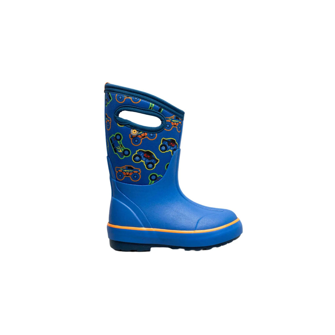Blue kids' winter boot with monster truck print on the shaft and an orange trim