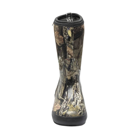 Camouflage knee-high rain boot with black sole and top pull tab
