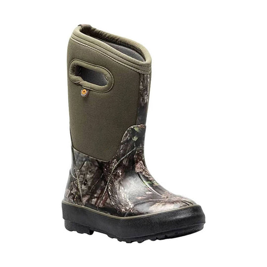 Tall camo insulated rain boot with a black lug sole