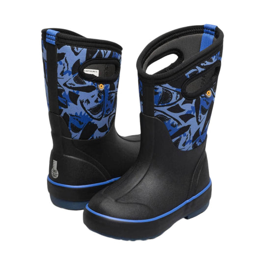 Pair of black winter boots with blue shark-print uppers and blue trim