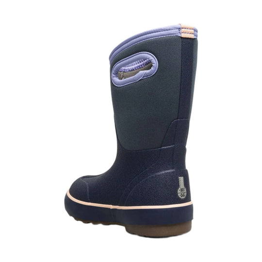 Navy insulated winter boot with lavender trim, pull loop, and a temperature rating mark on the heel