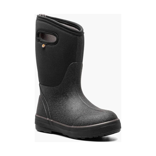 Black insulated pull-on rain boot with thick treaded sole and side handle opening