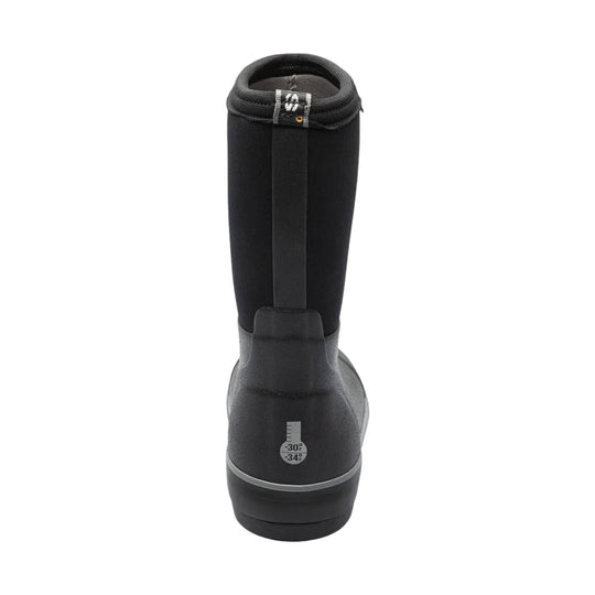 Black tall insulated winter boot with rear temperature rating mark