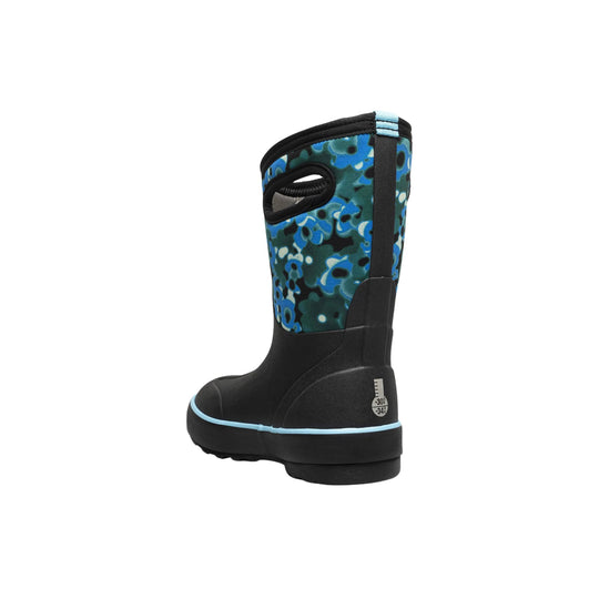 Black children's winter boot with blue floral shaft, side pull handle, and cold-weather rating label