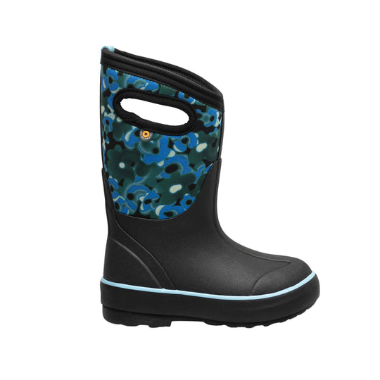 Black winter boot with blue camo-patterned upper, pull handle, and light blue trim