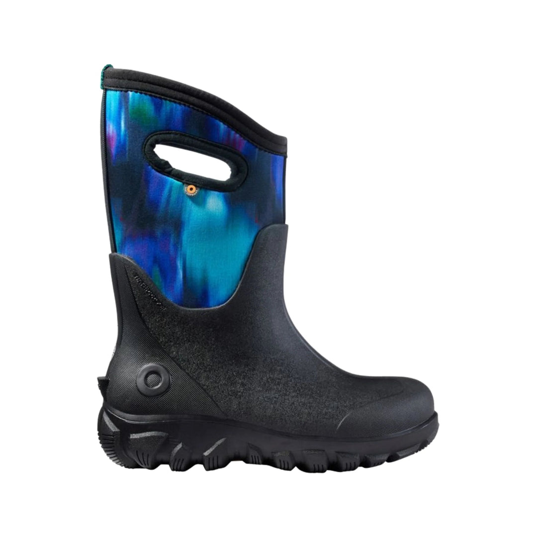 Black winter boot with a blue and purple patterned shaft and pull handle