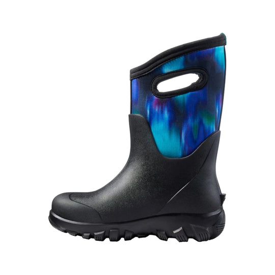 Black winter boot with a blue-and-cyan iridescent upper, pull handle, and rugged treaded sole