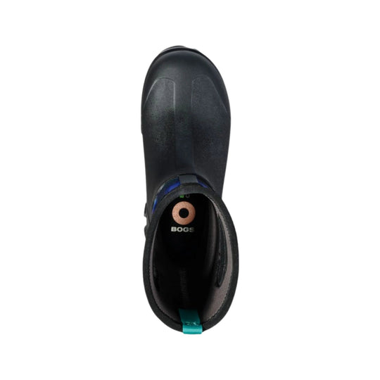 Black rubber winter boot with a wide shaft and BOGS logo on the insole, viewed from above