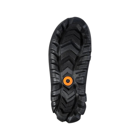 Black winter boot outsole with deep tread and an orange circular grip insert