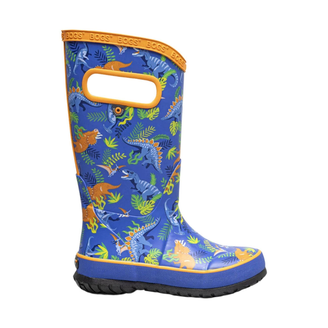 Blue dinosaur-print rain boot with orange trim and black tread sole