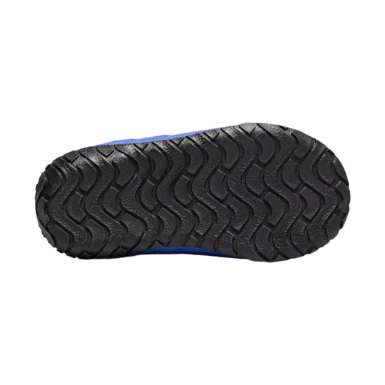 Black rubber boot outsole with wavy traction tread and blue upper edge visible