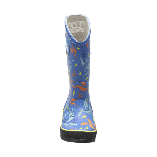Blue mid-calf rain boot with colorful dragon and bat print, shown from the back