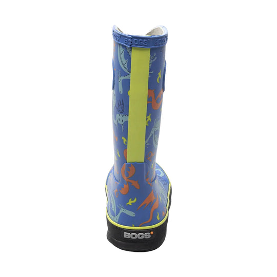 Blue kids' rain boot with dinosaur print, yellow back stripe, and black sole