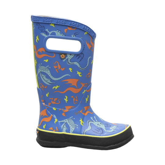 Blue kids' rain boot with dragon print, pull handle, and black rubber sole