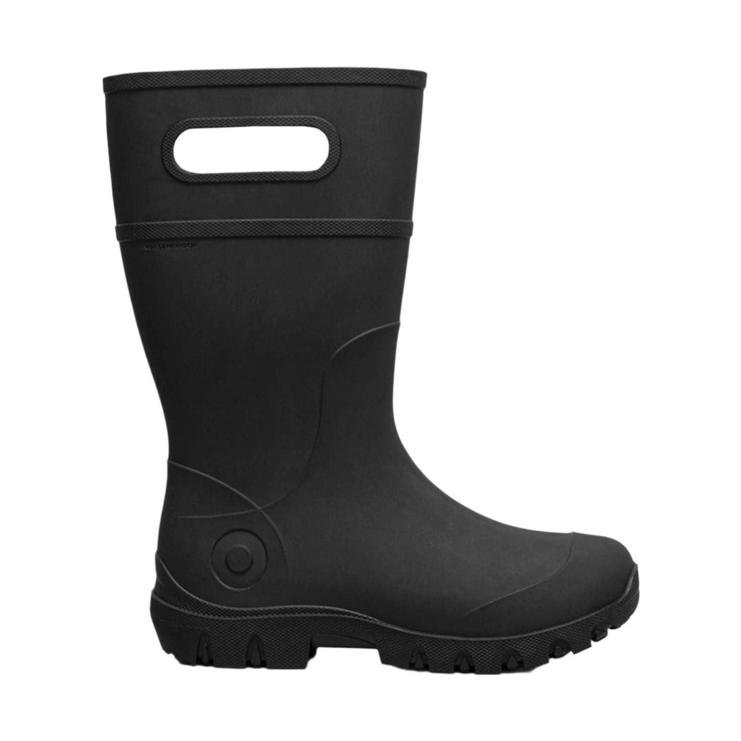 Black mid-calf rain boot with a pull handle and textured outsole