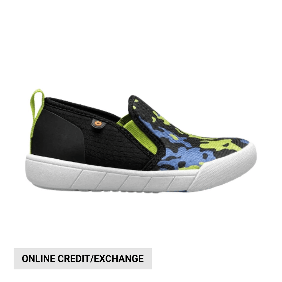 Black slip-on kids shoe with blue and neon camo upper, white sole, and lime green pull tab