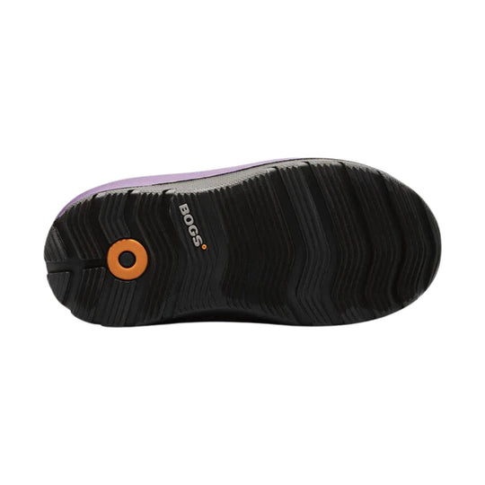 Black boot outsole with deep tread and an orange circular insert, plus a visible BOGS logo