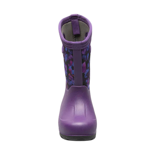 Purple waterproof boot with a floral shaft, front view