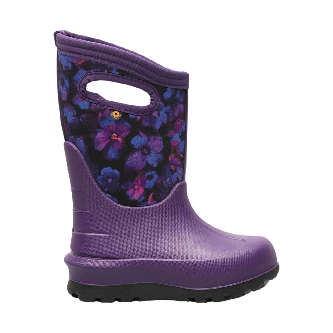 Purple waterproof winter boot with floral shaft and black tread sole