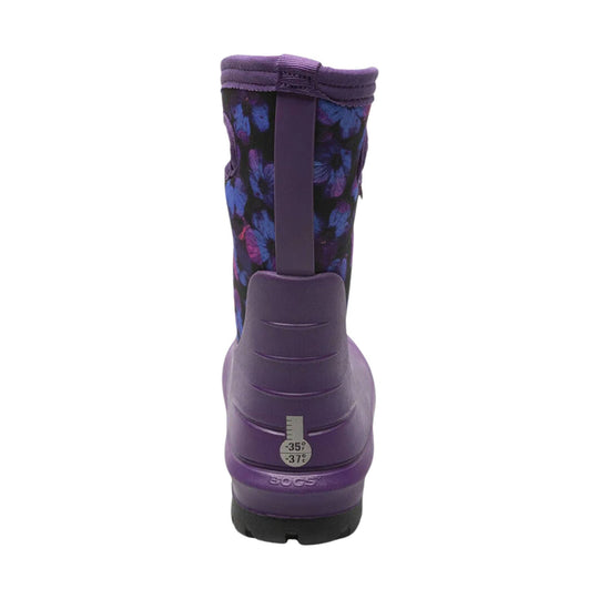 Purple insulated winter boot with floral shaft, pull tab, and -35°F/-37°C label