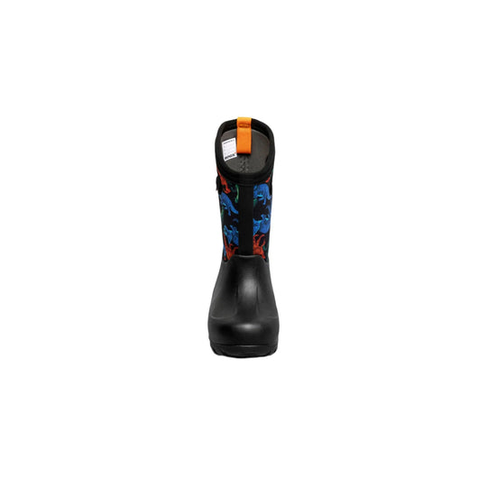 Black waterproof winter boot with colorful dinosaur print sides and an orange pull tab