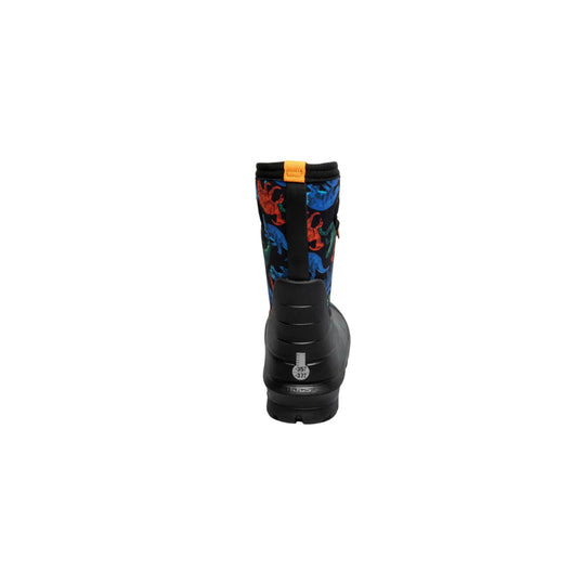 Black winter boot with colorful dinosaur-print shaft, pull tab, and temperature rating on the heel