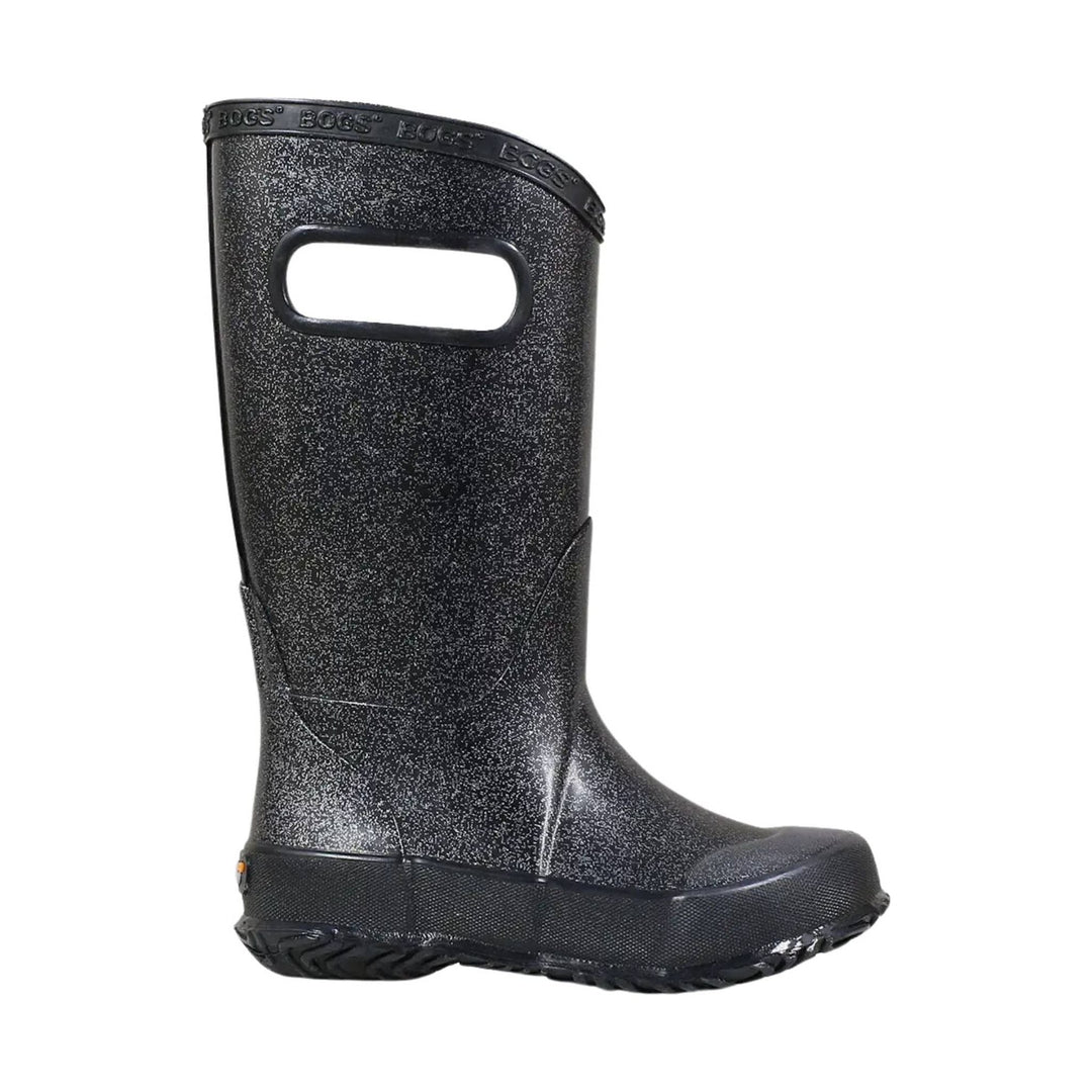 Black speckled tall rain boot with side handle cutout and embossed top trim