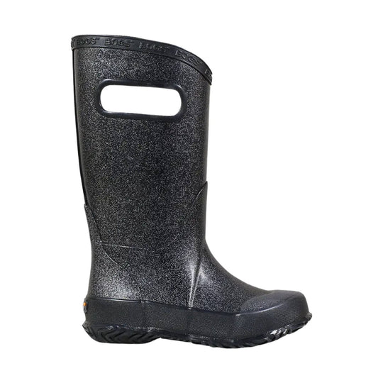 Black speckled tall rain boot with side handle cutout and embossed top trim