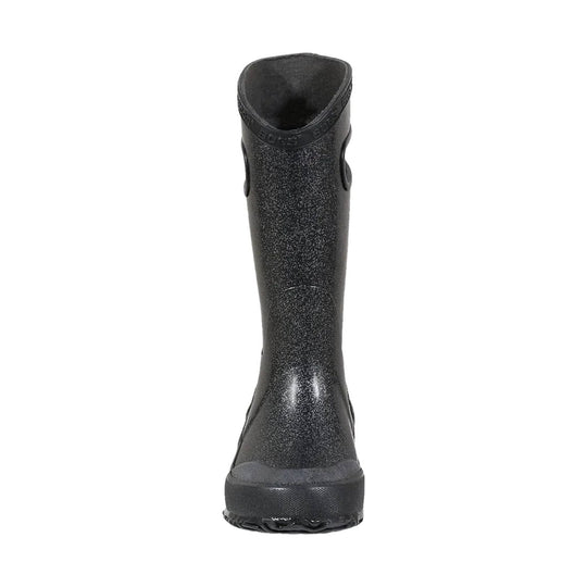 Black tall rain boot with textured finish, front view