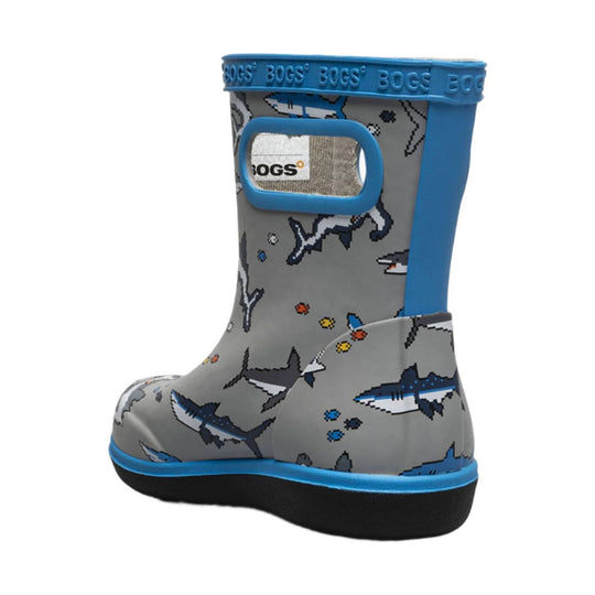 Gray rain boot with blue trim and shark print, shown in side view