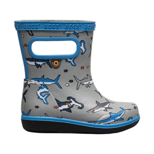 Gray kids' rain boot with blue trim and shark print