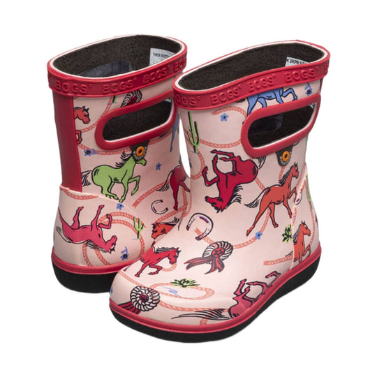 Pink rain boots with horse and rope print, red trim, and pull tabs