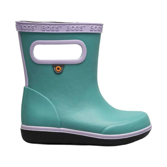 Teal waterproof rain boot with lavender trim and black sole