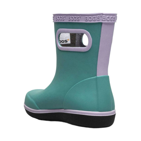 Teal rubber rain boot with lavender trim, black sole, and side window detail