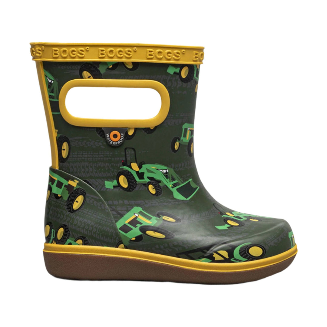 Green tractor-print waterproof rain boot with yellow trim and handle opening