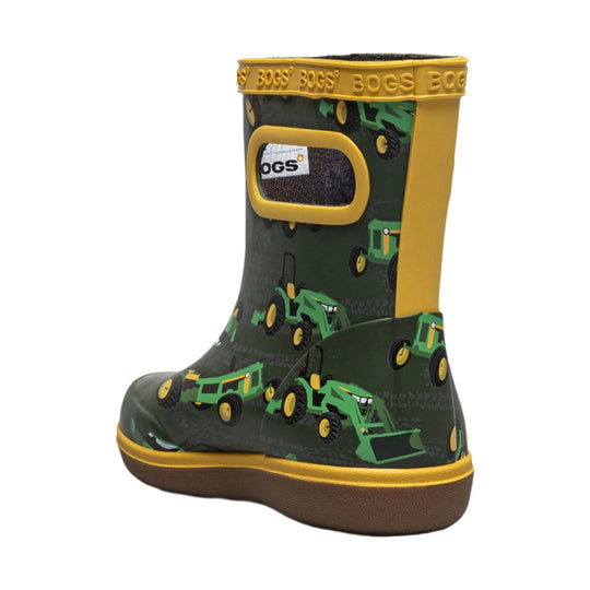 Green children's rain boot with tractor print and yellow trim