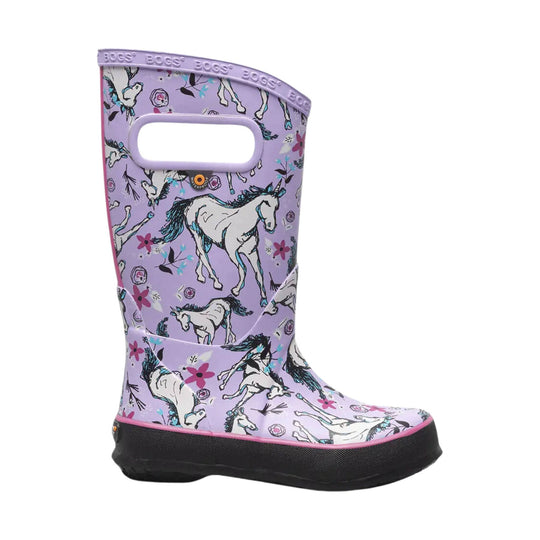 Lavender rain boot with unicorn print, black sole, and side handle opening