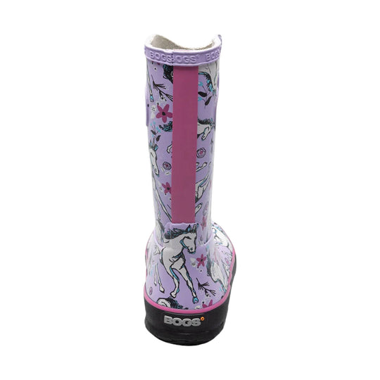 Lavender rain boot with unicorn print, pink back stripe, and black sole