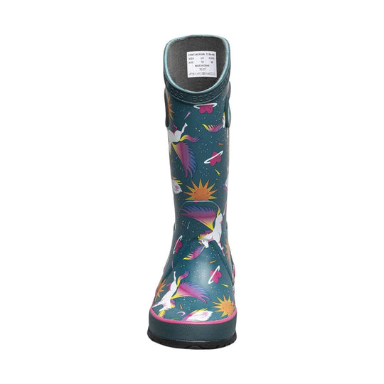 Tall dark rain boot with unicorn and swan print, pink trim, and black sole