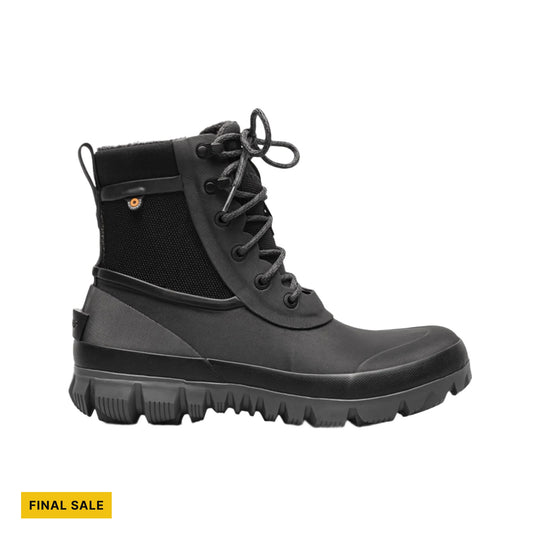 Black lace-up winter boot with thick lug sole and ankle pull tab