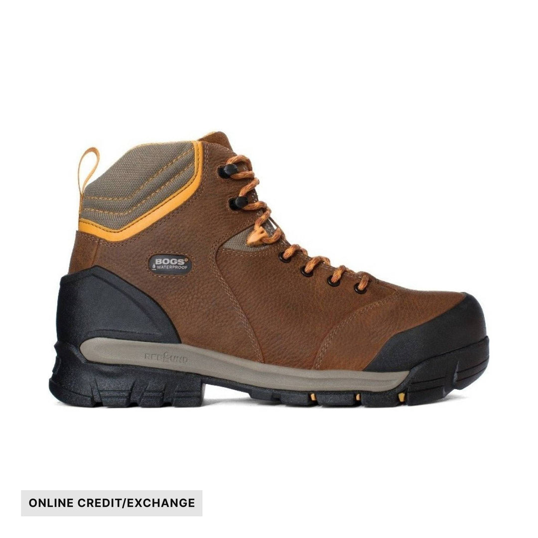 Brown and black lace-up mid work boot with a gray padded collar and yellow trim