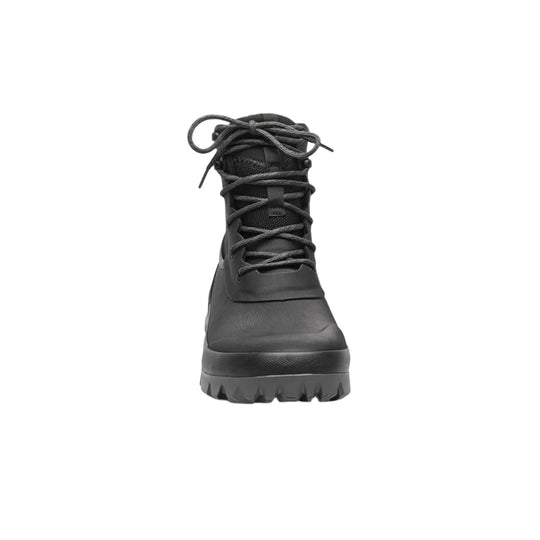 Black lace-up winter boot with a chunky lug sole, shown from the front