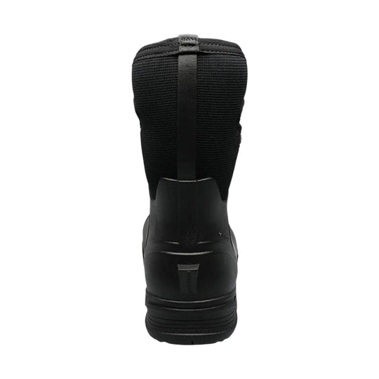 Black insulated winter boot shown from the back with a tall shaft and thick rubber sole