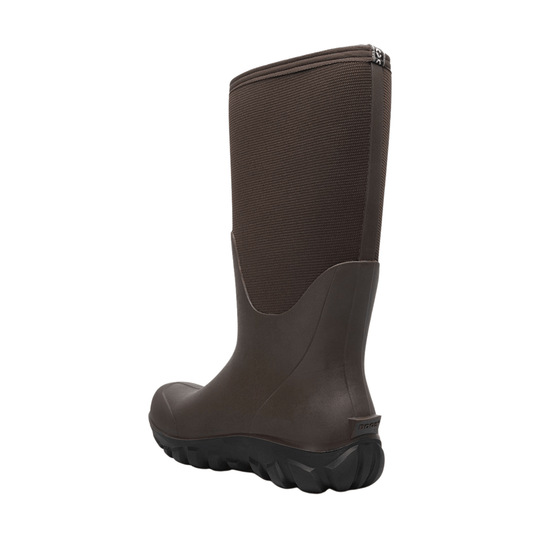 Tall brown rubber farm boot with a black lug sole and knit shaft